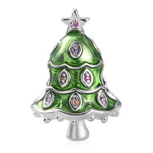 Simulated Yellow Sapphire and Multi Gemstone Enamelled Christmas Tree Charm in Platinum Overlay Ster