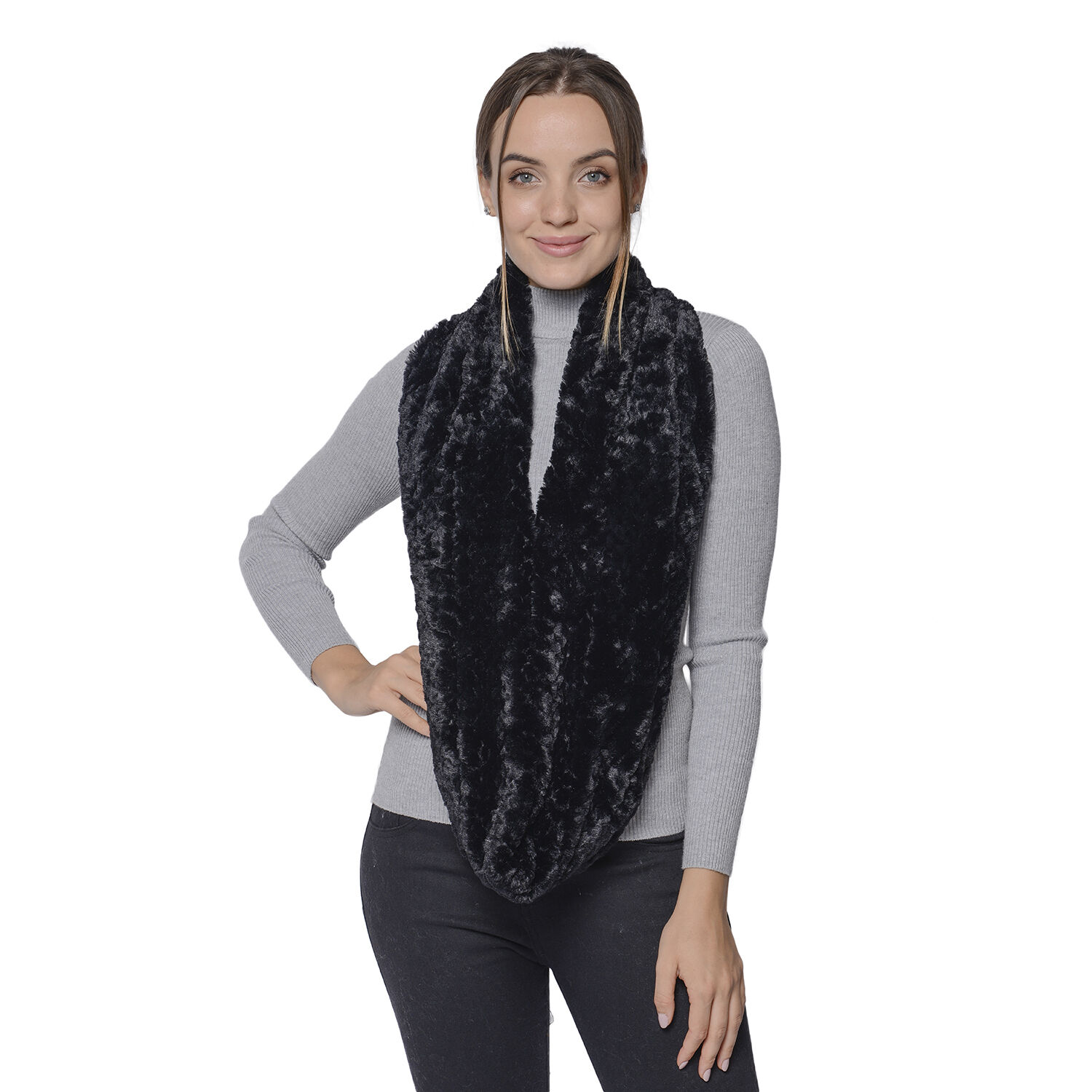 Italian Designer Inspired- High Quality Faux Fur Infinity Scarf 76x20cm) - Black