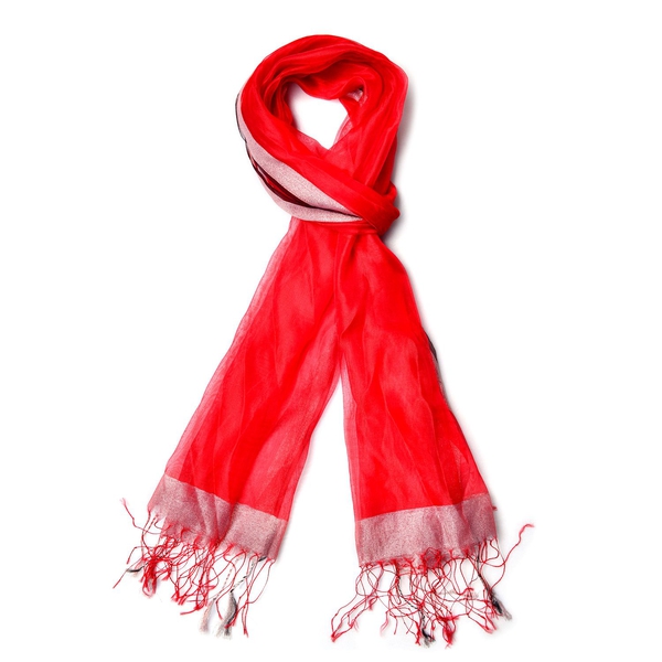 Red Colour Scarf with Golden Thread and Fringes at the Bottom 50 percent SILK 50 percent polyester (