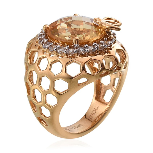 Stefy Citrine (Rnd 6.10 Ct), Pink Sapphire and Natural Cambodian Zircon Ring in 14K Gold Overlay Sterling Silver 7.270 Ct. Silver Wt.8.60 Gms