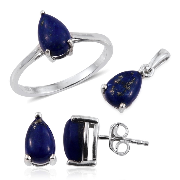 Lapis Lazuli (Pear) Solitaire Ring, Pendant and Stud Earrings (with Push Back) in Platinum Overlay S