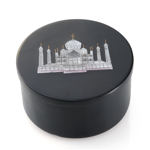 Soapstone Black Round Box with Beautiful Taj Mahal (Size 4)