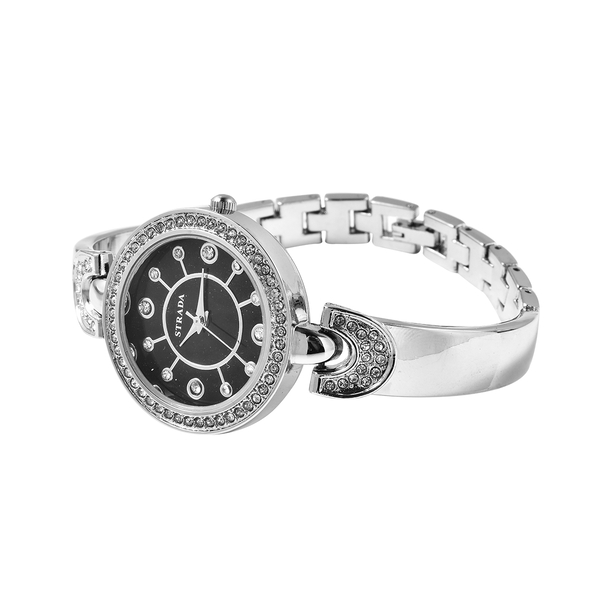 STRADA Japanese Movement White Austrian Crystal Studded Black Dial Water Resistant Watch with Chain Strap in Silver Tone