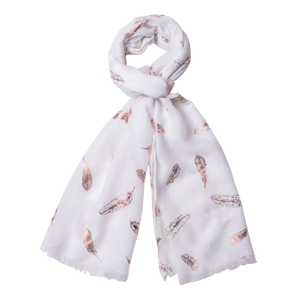 Golden Feathers Pattern White Colour Scarf with Fringes (Size 180X70 Cm)
