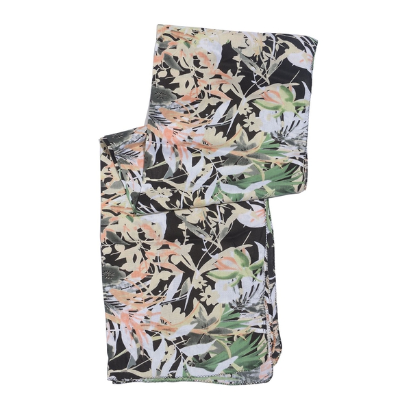 100% Natural Bamboo Fabric Black and Multi Colour Floral and Leaves Pattern White Colour Scarf (Size 180x50 Cm)