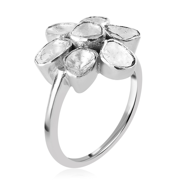 Artisan Crafted Polki Diamond Floral Ring in Platinum Overlay Sterling Silver 0.50 Cts