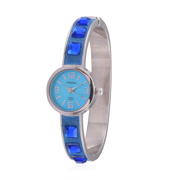 STRADA Japanese Movement Blue Dial Simulated Blue Stone Water Resistant Bangle Watch with Pink and Blue Austrian Crystal, Simulated White Stone Bracelet (Size 8) in Silver Tone