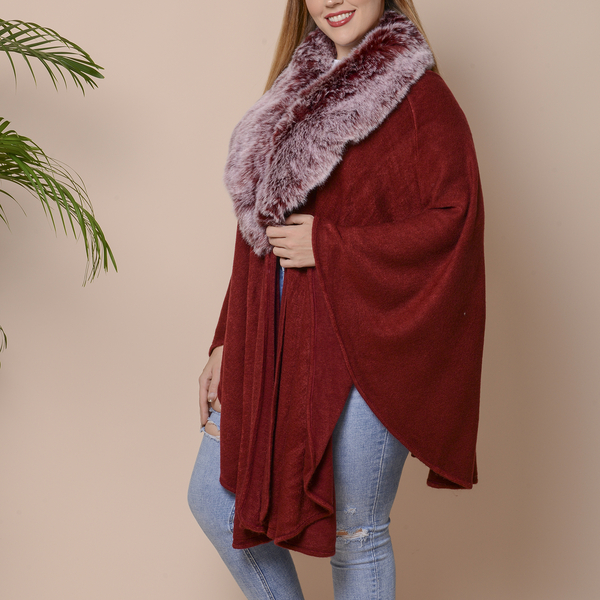Half Moon Faux Fur Collar Cape (Size 124x76 Cm) - Whine Red