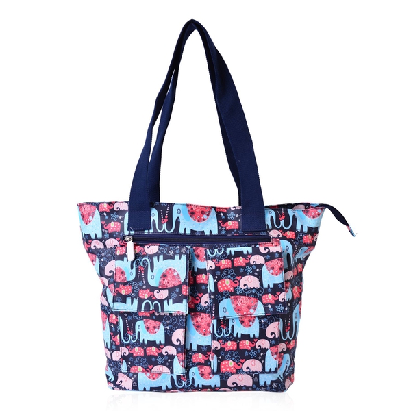 Multi Colour Elephant and Floral Pattern Tote Bag with External Zipper Pocket (Size 44x31x30.5x11 Cm