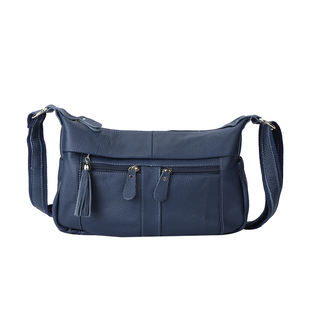 Genuine Leather Crossbody Bag with Tassels and Shoulder Strap - Navy