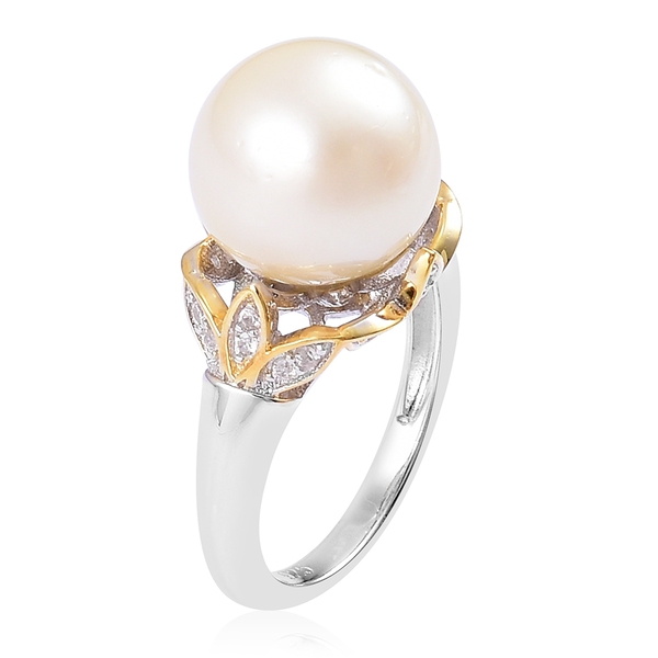 South Sea White Pearl (Rnd 12.5-13mm), Natural White Cambodian Zircon Ring in Platinum and Yellow Gold Overlay Sterling Silver