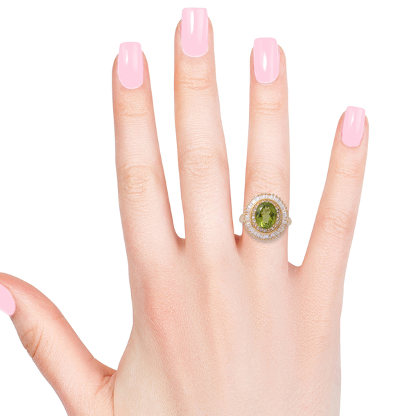 Extremely Rare Size- Hebei Peridot (Ovl 11X9MM 4.00 Ct), White Topaz Ring in Yellow Gold Overlay Sterling Silver 8.050 Ct.