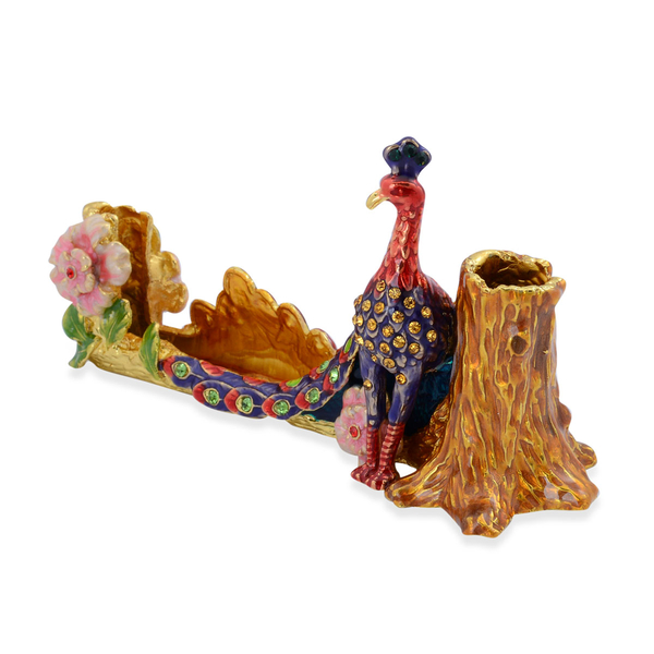 Purple, Red and Multi Colour Enameled Peacock Pen and Card Holder in Gold Tone with Multi Colour Austrian Crystal