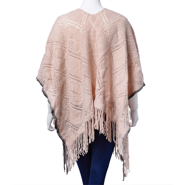 Designer Inspired Light Pink and Grey Colour Diamond and Floral Pattern Poncho with Tassels (Size 90x60 Cm)