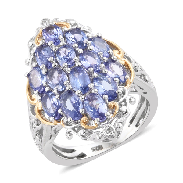 3.50 Ct Tanzanite and Cambodian Zircon Cluster Ring in Platinum and Gold Plated Silver 5.32 Grams