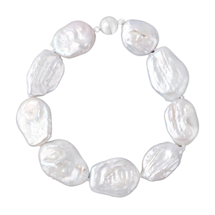 White Keshi Pearl Bracelet (Size - 8) With Magnetic Lock in Rhodium Overlay Sterling Silver