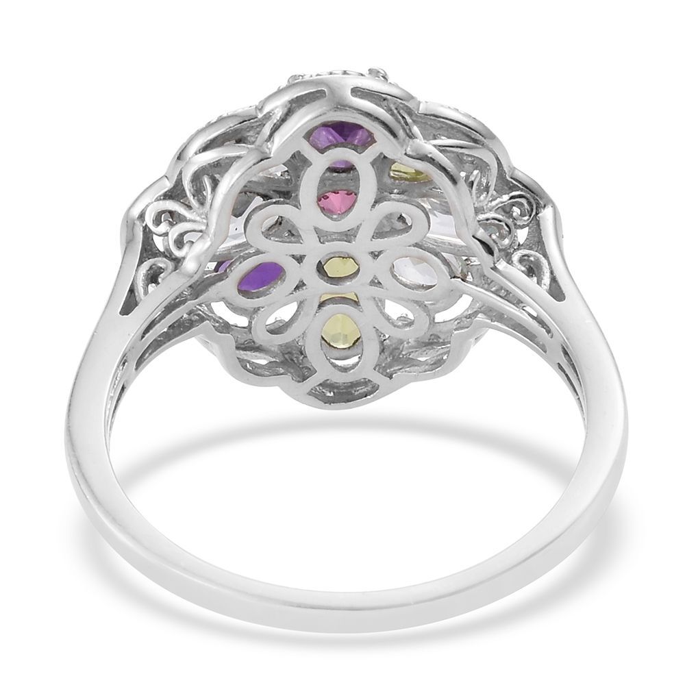Hebei Peridot (Ovl), Amethyst, Espirito Santo Aquamarine, Rhodolite Garnet and Sky Blue Topaz Ring in Platinum Overlay Sterling Silver 2.470 Ct.