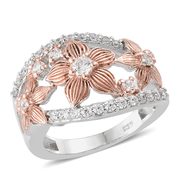 Lustro Stella - Rose Gold and Platinum Overlay Sterling Silver (Rnd) Floral Ring Made with Finest CZ