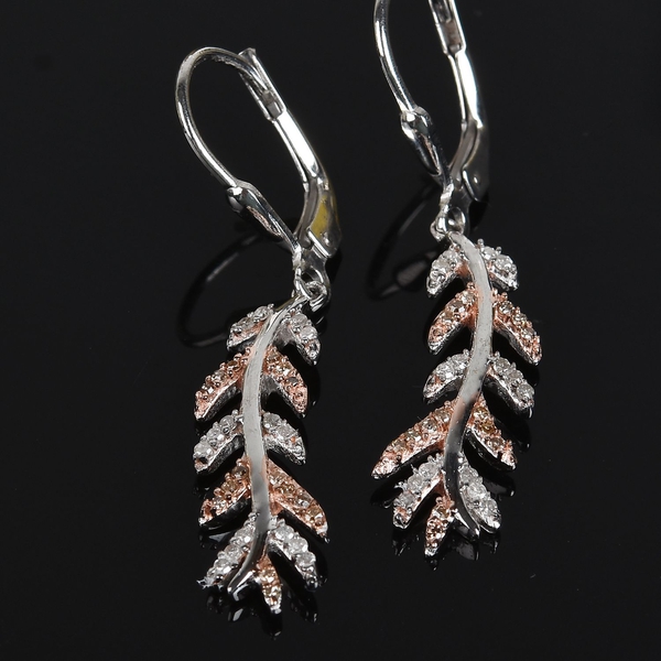 Natural Champagne Diamond, White Diamond 0.25 Carat Leaf Lever Back Earrings in Platinum Overlay Sterling Silver.