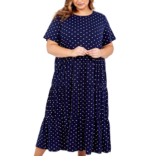 NOVA of London Navy Tiered Smock Dress with White Dots Printed (Size 18-20)