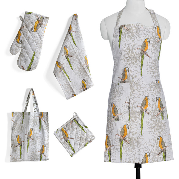 Kitchen Textiles White, Green and Orange Colour Parrot Printed Apron (Size 75x65 Cm), Glove (32x18 C