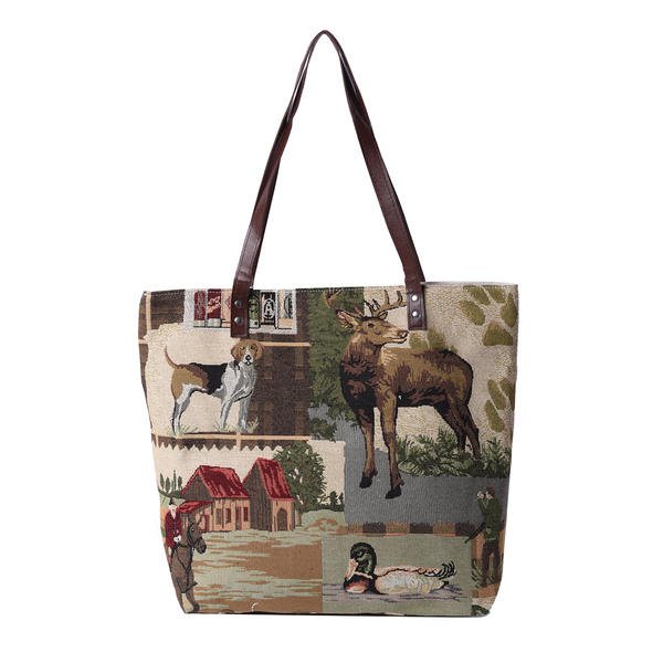Dog, Deer, House and Duck Pattern Large Tote Bag in Multicolour ...