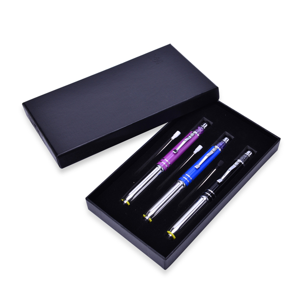 Set of 3 - Silver Tone Pen (Black with Black Ink, Blue with Blue Ink and Lavender Purple with Red Ink) with Acrylic Crystal, Screen Touch and Flash Light and 3 Extra Refill in a Box