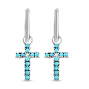 Arizona Sleeping Beauty Turquoise and Natural Cambodian Zircon Cross Hoop Earrings (With Clasp) in P