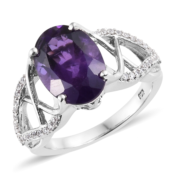 6 Carat Lusaka Amethyst and Zircon Solitaire Ring in Platinum Plated Silver