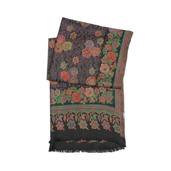 100% Merino Wool Multi Colour Floral Pattern Black Colour Scarf (Size 200x70 Cm)