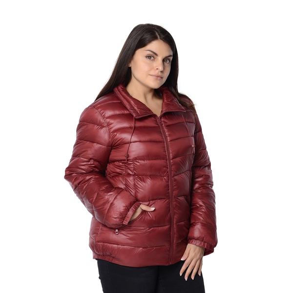 Solid Colour Women Short Puffer Jacket with Two Pockets (Size , L 14-16) - Wine