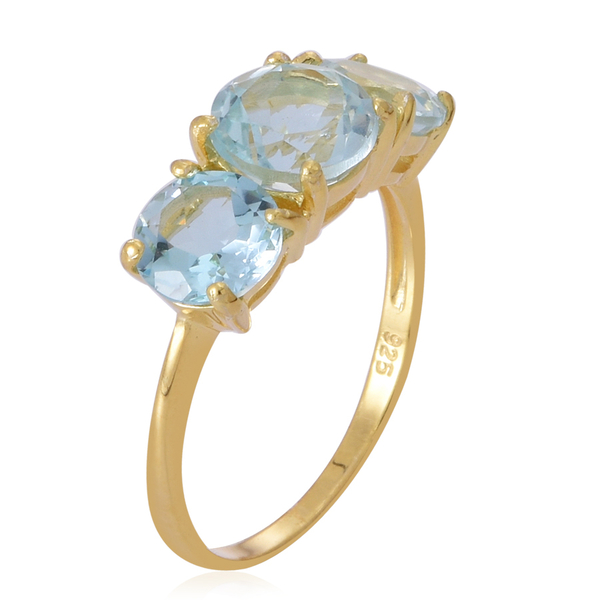 AAA Sky Blue Topaz (Rnd 2.30 Ct) 3 Stone Ring in Yellow Gold Overlay Sterling Silver 5.000 Ct.