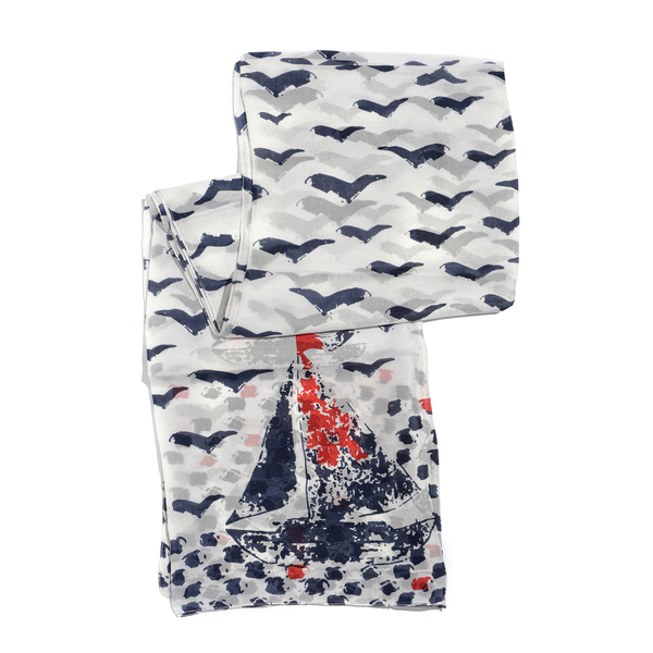 100% Mulberry Silk Multi Colour Yacht and Birds Pattern White Colour Scarf (Size 180x100 Cm)