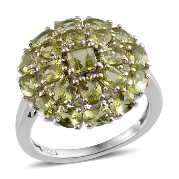 AA Hebei Peridot (Sqr) Cluster Ring in Platinum Overlay Sterling Silver 4.550 Ct.
