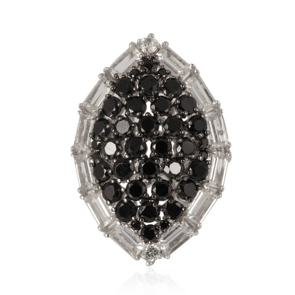 Boi Ploi Black Spinel (Rnd), White Topaz Cluster Ring in Rhodium Plated Sterling Silver 7.760 Ct.