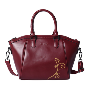 100% Genuine Leather Vine Pattern Tote Bag with Zipper Closure, Detachable and Adjustable Shoulder Strap (Size 22x13x23) - Red