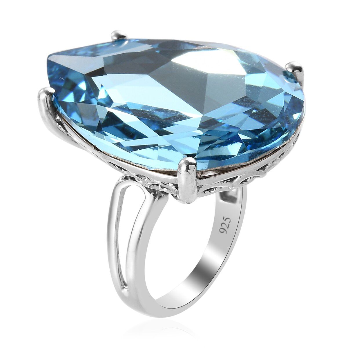 Lustro Stella  Aquamarine Crystal Solitaire Ring in Platinum Overlay Sterling Silver