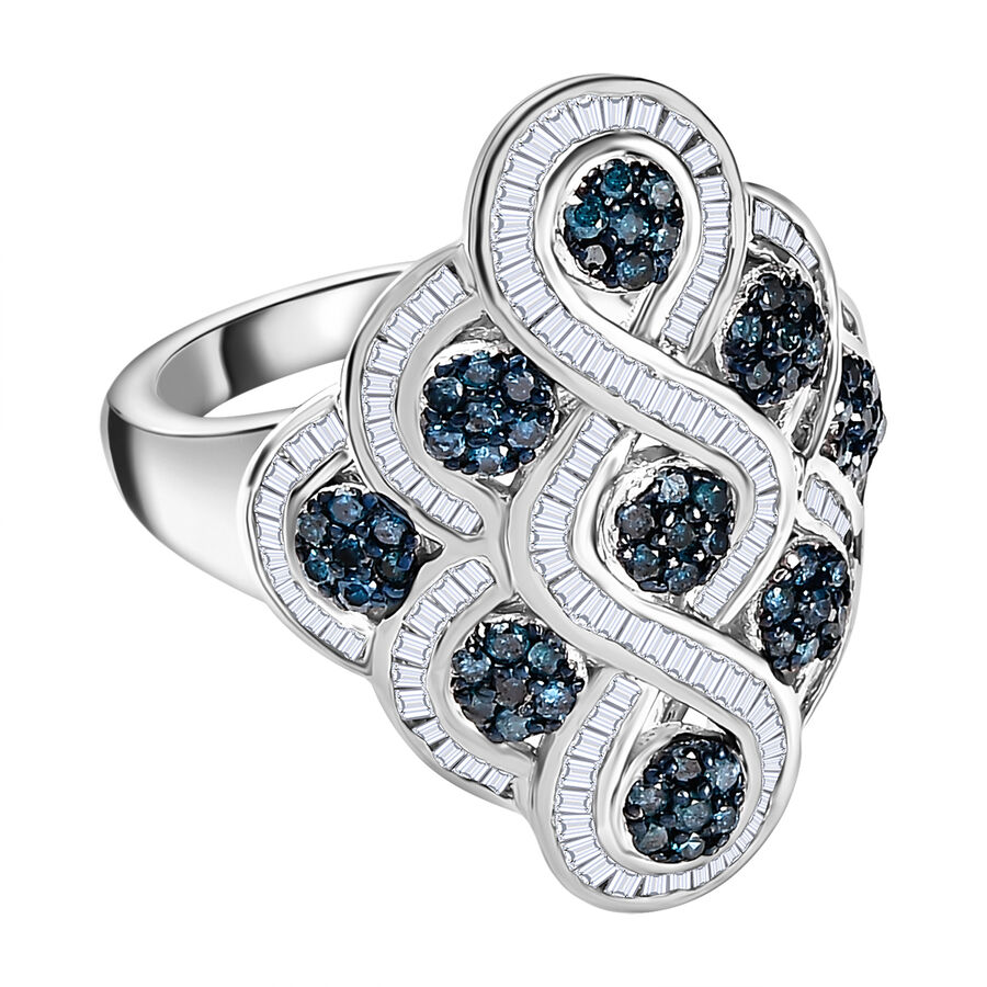 Designer Inspired Blue and White Diamond Ring in Platinum Overlay Sterling Silver 1.00 Ct
