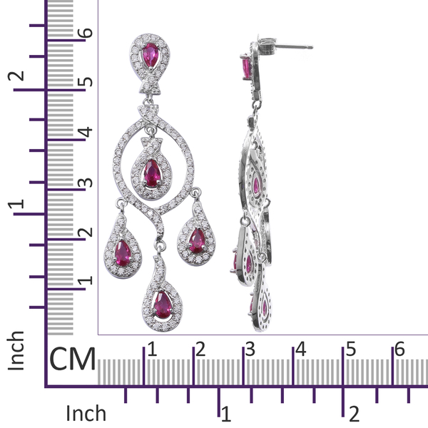 ELANZA Simulated Ruby (Pear), Simulated Diamond Chandelier Earrings (with Push Back) in Rhodium Overlay Sterling Silver, Silver wt 9.17 Gms.
