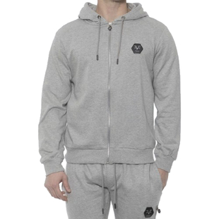 19V69 ITALIA by Alessandro Versace Hooded Zip Front Sweatshirt (Size L) - Grey