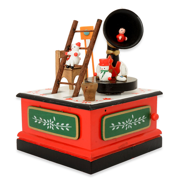 White, Red and Green Colour Moving Miniature Village Music Box with Small Christmas People in Resin