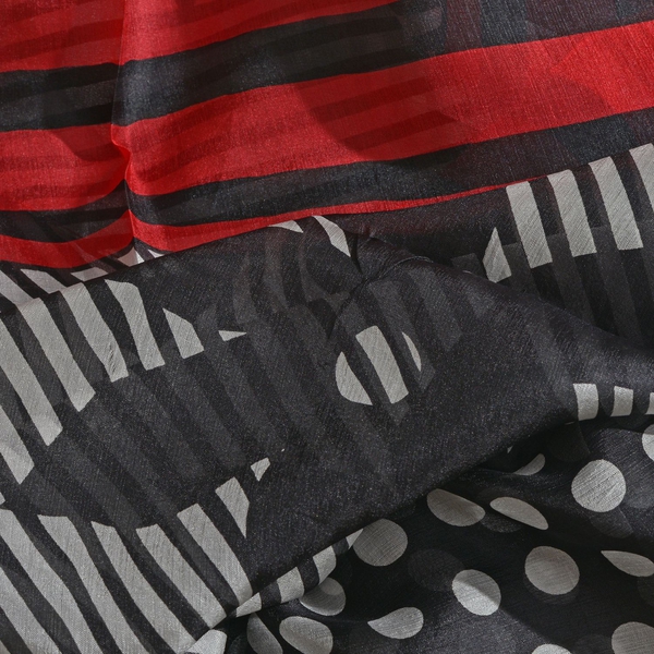 100% Mulberry Silk Red, Black and White Colour Handscreen Polka Dots and Floral Printed Scarf (Size 200X180 Cm)