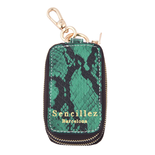 SENCILLEZ 100% Genuine Leather Snake Pattern Key Holder Chain with Detachable Lobster Clasp and Zipper Closure - Beige