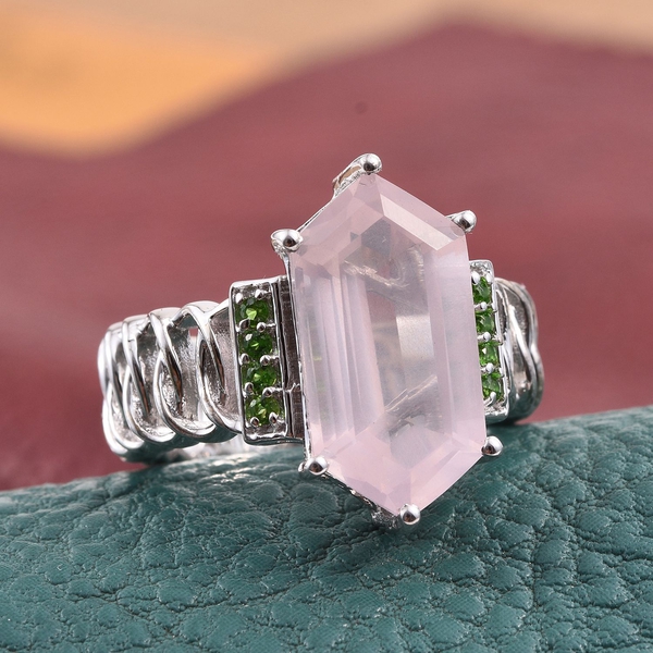 Stefy Rose Quartz, Chrome Diopside and Pink Sapphire Ring in Platinum Overlay Sterling Silver 7.250 Ct. Silver wt. 5.20 Gms.