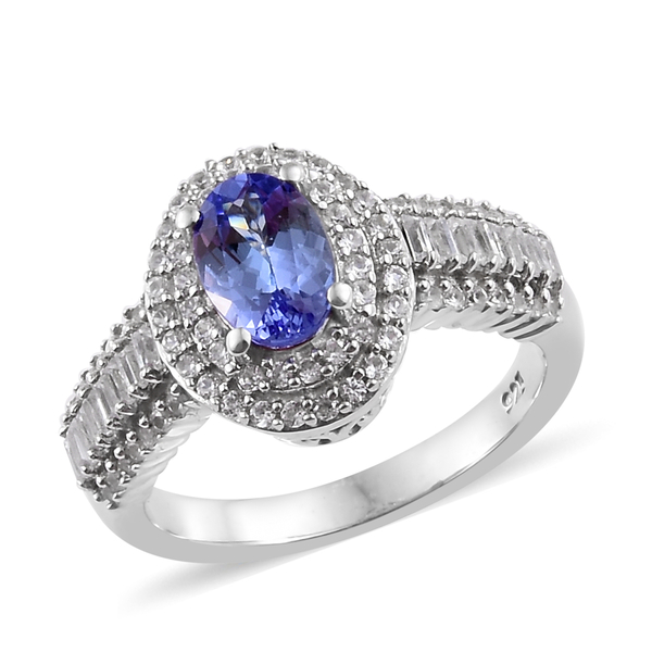 2.35 Ct Tanzanite and Zircon Double Halo Ring in Platinum Plated Silver 4.35 Grams