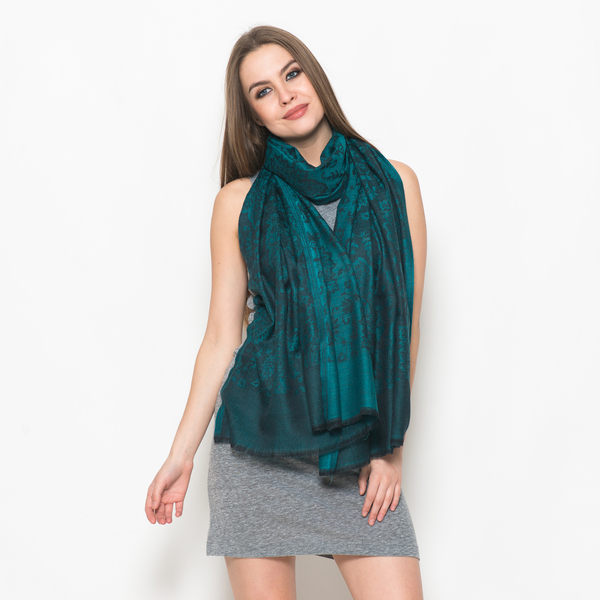 88% Merino Wool and 12% Silk Paisley and Leaf Pattern Green and Black Colour Scarf (Size 200x70 Cm)