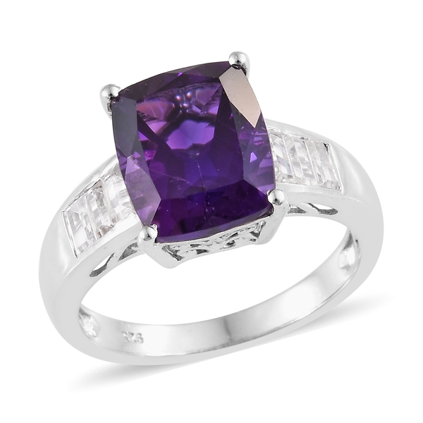 6.25 Ct Lusaka Amethyst and Cambodian Zircon Solitaire Ring in Platinum Plated Sterling Silver