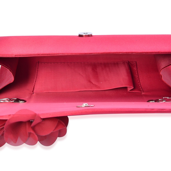 Lipstick Red Satin Clutch with White Austrian Crystal and Removable Chain Strap (Size 24x9 Cm)