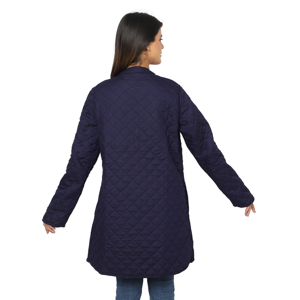 Handmade Printed Reversible Quilted Jacket in Navy Blue and Multi Colour - Size S (8-10)