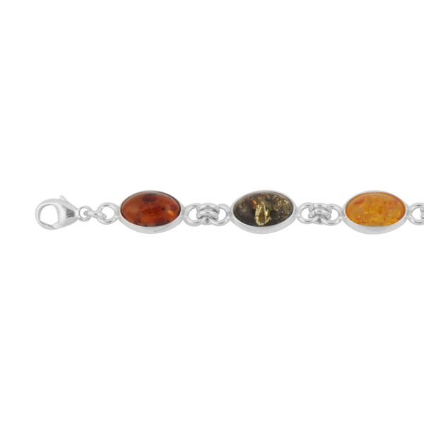 Baltic Multi Colour Amber (Ovl) Bracelet (Size 7.25) in Sterling Silver